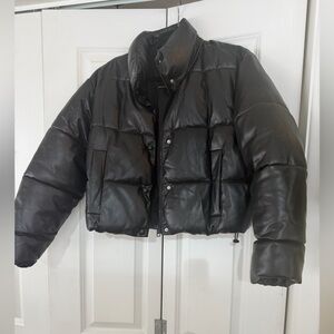 Zara Black PU Leather Puffer Jacket XS